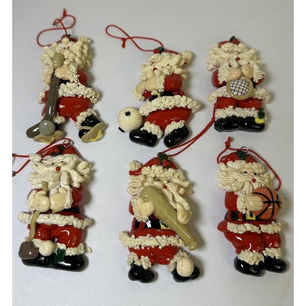 Christmas Tree Ornaments Santa playing sports theme Vintage Set Of 6